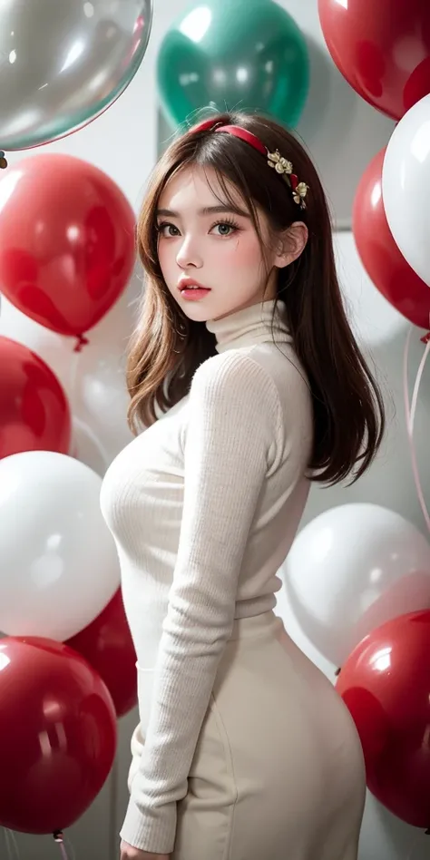 masterpiece, best quality, highly detailed background, perfect lightingbest quality,fashion portrait photo of beautiful young woman from the 60s wearing a red turtleneck standing in the middle of a ton of white balloons, taken on a hasselblad medium format...