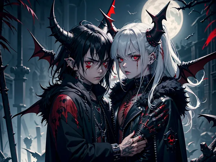 demon, boy, spiky messy white long hair, red eyes, blood tears, ear piercings, face piercings, blood, , scars, tattoos, bats, mechanical arms, wearing black robot suit, wearing black fur cloak, mechanical wings, mechanical horns, graveyard, night, high res...