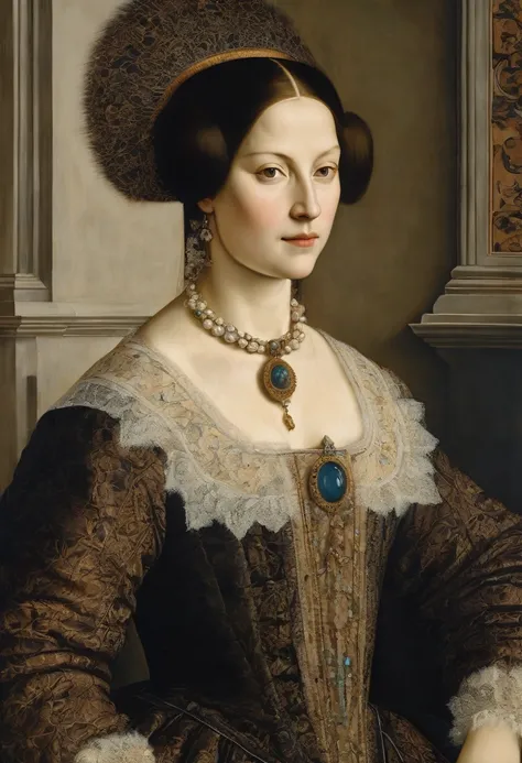 A mesmerizing portrait of La dama del armiño, or the Lady in the Fur, painted by the renowned artist Leonardo da Vinci. The subject is adorned in a luxurious fur-trimmed gown, with a delicate lace collar and a lace-trimmed headdress. Her rich, dark eyes ex...