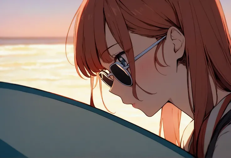 Beautiful redhead Asian girl floating on a surfboard in the evening sea, Waiting for the waves、Sandy Beach、Check out Ramune&#39;s profile、Perfect Face、sunglasses、Sandy Beach、White Surfboard、Neon Black、（Backlight 1:1）、 Hard Shadows, masterpiece, Highest qua...