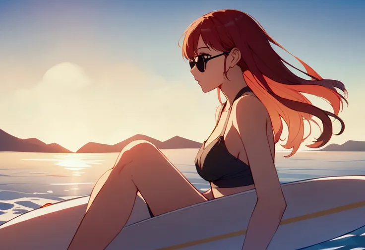 Beautiful redhead Asian girl floating on a surfboard in the evening sea, Waiting for the waves、Sandy Beach、Check out Ramune&#39;s profile、Perfect Face、sunglasses、Sandy Beach、White Surfboard、Neon Black、（Backlight 1:1）、 Hard Shadows, masterpiece, Highest qua...