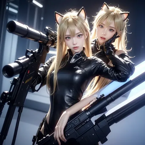 "Create an image of a blonde-haired character with cat ears, wearing a futuristic outfit, holding a sniper rifle. The character looks extremely panicked and flustered after missing a shot, with wide eyes, exaggerated facial expression, and sweat drops flyi...