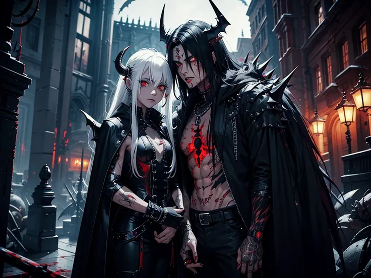 demon, man, masculine, spiky messy white long hair, red eyes, blood tears, ear piercings, face piercings, blood, , scars, tattoos, bats, mechanical arms, wearing black robot suit, wearing black fur cloak, mechanical wings, mechanical horns, graveyard, nigh...