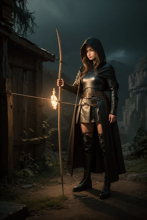 a hooded woman archer,leather boots,rope belt,partially covering face,full body view,fantasy style,detailed portrait,intricate character design,dramatic lighting,moody atmosphere,cinematic composition,static pose,lush environment,medieval fantasy,epic adve...