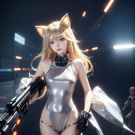 "Create an image of a blonde-haired character with cat ears, wearing a futuristic outfit, holding a sniper rifle. The character looks extremely panicked and flustered after missing a shot, with wide eyes, exaggerated facial expression, and sweat drops flyi...