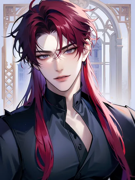 (masterpiece, 8k, high quality, best quality:1.6), 1boy, solo, long hair, white and red hair, asymmetrical fringe, black eyes, handsome, sharp eyes, (mature male, mature:1.2), male focus, fashionable, tucked in open purple collared shirt, necklace, indoors...