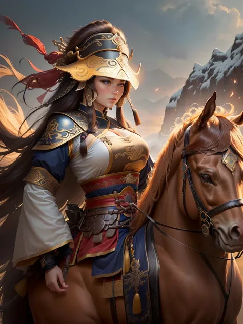 a close up of a woman with a bow and a bow on a horse, mongol, guan yu, genghis khan, inspired by Hu Zaobin, chinese warrior, zhao yun, photo of genghis khan, bian lian, inspired by Wu Bin, inspired by Huang Shen, inspired by Cao Zhibai, feng shu, chinese ...