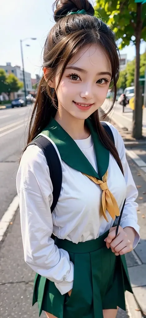 A high school girl wearing a green sailor uniform is smiling while on a date in a downtown area。Put your hair in a bun。