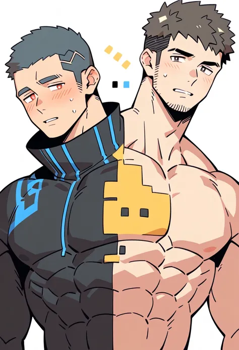 anime characters：Gyee Priapus, Muscle Sports Student, Buzz Cut, Manliness, male focus, Compression bodysuit, Yellow and black high collar long sleeve tight diving suit, Very tight, Regular symmetrical pattern, full and perky chest muscles, muscular male, m...