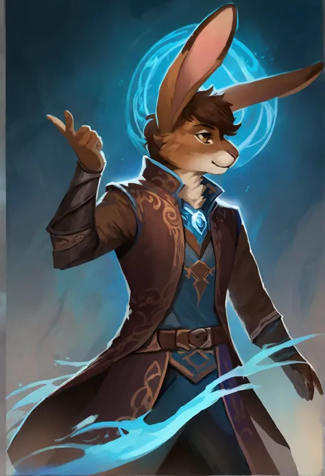  ,(Solo), concept art, anthro male rabbit, brown fur, brown hair, mage, clothes, single character