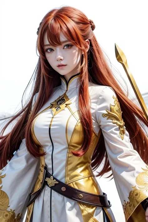 Draw a Genshin Impact style drawing of a red-haired girl with long hair and yellow eyes, with a white outfit with sleeves and a spear