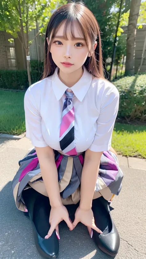 (whole body:2)，(One girl:1.3),(Displaying the viewer:1.4)，(Anatomically correct:1.45),(Sit by the stream:1.35),(Very thick printed pantyhose:1.4),(Mature sensual woman。A printed fantasy colorful JK student uniform pleated skirt and uniform pointed high hee...