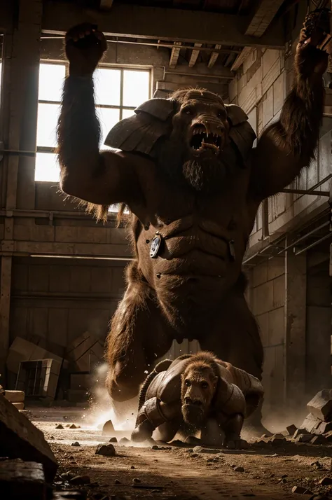 A Mammoth fighting a Golem