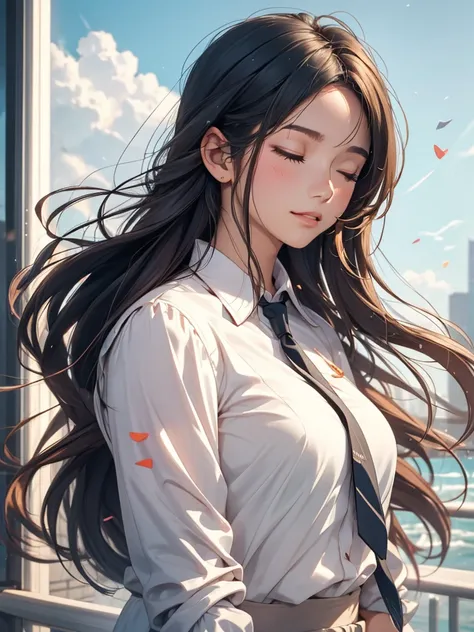 a close up view of a girl with her hair blowing in the wind, 1girl, long hair, solo, upper body, closed eyes, long sleeves