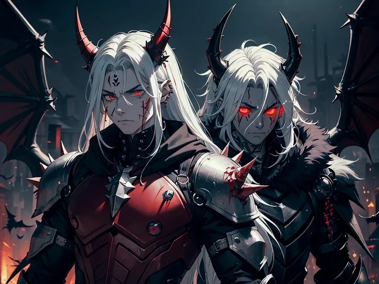 man, masculine, demon, spiky messy white long hair, red eyes, blood tears, ear piercings, face piercings, blood, scars, tattoos, bats, mechanical arms, wearing black robot armor, knight, wearing black fur cloak, mechanical wings, mechanical horns, graveyar...