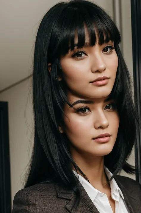 27-year-old woman with long black hair and bangs. Dressed in a suit. Brown eyes