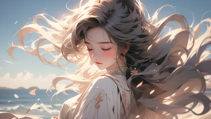 a close up view of a girl with her hair blowing in the wind, 1girl, long hair, solo, upper body, closed eyes, long sleeves