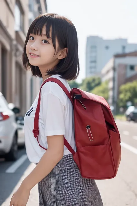 (8k),(masterpiece),(Japanese),(8-year-old girl),((Innocent look)),((Childish)),from the front,smile,cute,Innocent,Kind eyes,Plain T-shirt,Short sleeve,Blue checked short skirt,(Carrying a red backpack),Straight hair,Hair blowing in the wind,Black Hair,Some...