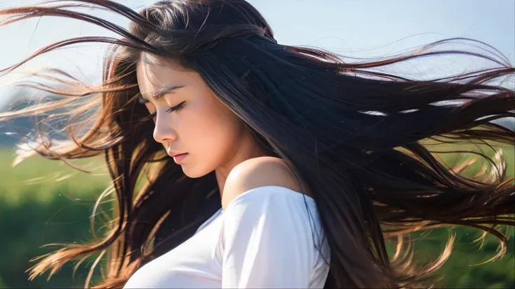 a close up view of a girl with her hair blowing in the wind, 1girl, long hair, solo, upper body, closed eyes, long sleeves