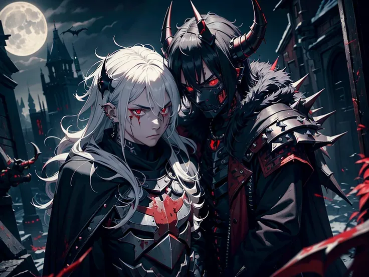 boy, masculine, demon, spiky messy white long hair, red eyes, blood tears, ear piercings, face piercings, blood, scars, tattoos, bats, mechanical arms, wearing black robot armor, knight, wearing black fur cloak, mechanical wings, mechanical horns, graveyar...