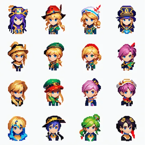 a close-up of a pixel art style image of a person in a hat, Spritesheet, sprite sheet, Sprites, 2 d Sprites, set of high quality hd Sprites, full body sprite, psd Spritesheet, ator 2d, characters 8k symmetrical, with familiar Sprites, female protagonist 👀 ...