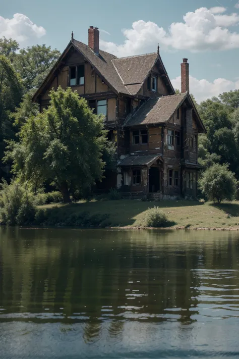 abandoned house by the lake,landscape, water, (8k wallpaper of extremely detailed cg unit), most beautiful works of art in the w...