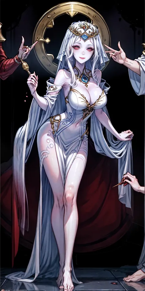 Body position: Standing, straight, symmetrical, barefoot, Lustful smile on face with red blush, 2 girls like Cassia Orsellio white pale skin with red eyes who gets married and stands in front of many people, nsfw, kissing