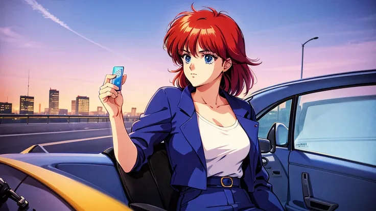 Create an anime-style image of an 80s city pop-style woman driving a car。The woman sits in the driver&#39;s seat、I&#39;m holding the steering wheel and looking ahead。She is dressed in 80s fashion、She wears big sunglasses and retro clothing.。Interior detail...