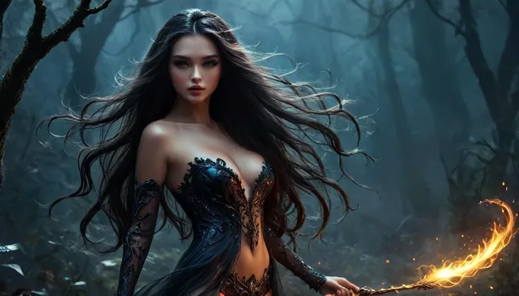 brunette with long hair in dark fantasy, full body with legs