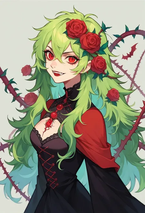 pastel green hair,  red eyes, pale, vampire, vampire teeth, bat and thorn hair accessories, black dress with ruffles and lace, beads, thorns, roses, long fluffy hair,  character concept art