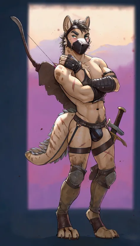 Solo Sexy young anthro acaliereptile dragon male mercenary medieval solider, slim slim muscular, anthro handsome gay shorter muzzle, handsome gay model male apperance, sword scars, worn out leather skimpy armament, low on hips heavy leather belt, old very ...