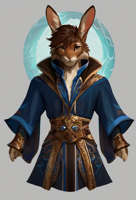 ,(Solo), concept art, anthro male rabbit, brown fur, brown hair, mage, clothes, single character, facing front, looking at viewer, reference 