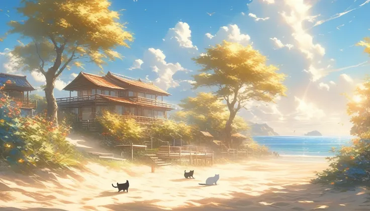 ((Masterpiece)), ((Best Quality)), (Very Detailed), ((Very Detailed)), 4K, (8K), very aesthetic, absurdres highres, On a summer afternoon, an island full of cats surrounded by blue skies and blue sea. Thunder clouds are floating in the sky, and cats are re...