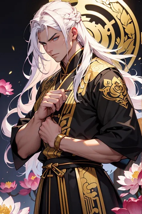 best qualityer,ultra detali,realisitic:1.37),LONG white hair, pink iris,tall and strong man, moderno, black and gold traditional chinese clothing , milky and smooth skin, with a dagger in his hand, lotus flower particles,d&charachter,sharp focus,Physically...