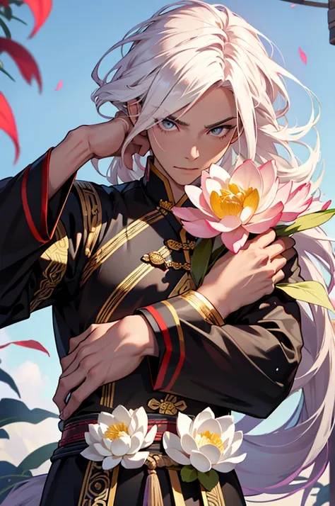 best qualityer,ultra detali,realisitic:1.37),LONG white hair, pink iris,tall and strong man, moderno, black and gold traditional chinese clothing , milky and smooth skin, with a dagger in his hand, lotus flower particles,d&charachter,sharp focus,Physically...