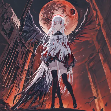 Masterpiece, top quality, bright colors, one girl, white hair, black hair, magenta hair, red eyes, glowing eyes, dark atmosphere, black wings, black halo, fallen angel, from below, descending from heaven, gothic clothes, looking down , Blood, ((Blood Moon,...