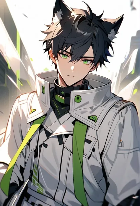 Handsome, solo, 1 male, short black hair, wolf hairstyle, green eyes, white arknight costume, white coat,