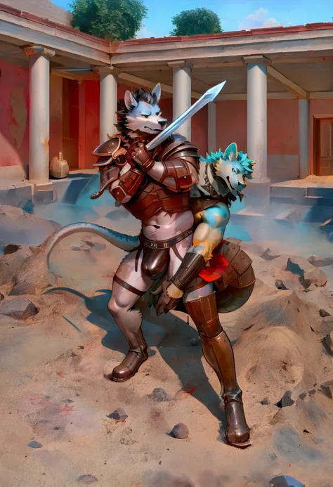 Solo Sexy young anthro acaliereptile dragon male mercenary medieval solider, slim slim muscular, anthro handsome gay shorter muzzle, handsome gay model male apperance, sword scars, worn out leather skimpy armament, low on hips heavy leather belt, old very ...