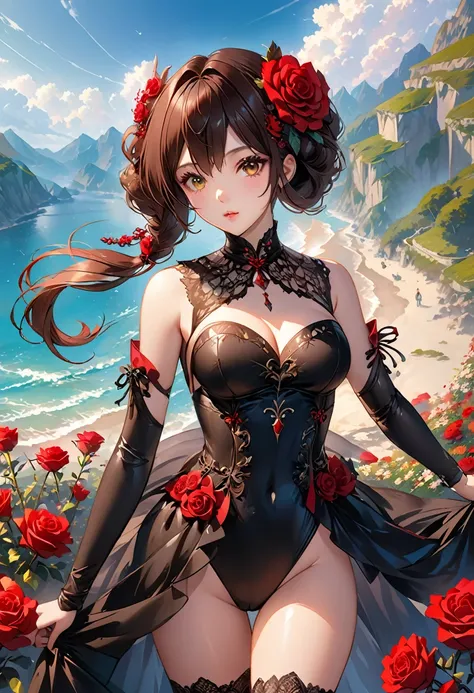 Miss, long brown hair, Gothic style, Roses in your hair, Thick black eyelashes, Shining white irises, Black leotard, digital figure, Comic book style, Gothic Renaissance, Perfect Anatomy, center, Near perfect, dynamic, Very detailed, Gothic styleの城の詳細な背景, ...