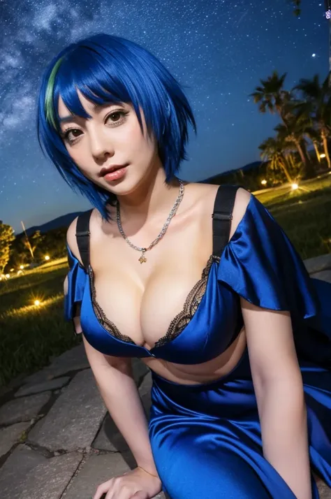 xenovia quarta, playboy playmate, very_extremely_large_breasts, yellow eyes, blue hair, short hair, night sky, evening gown with...