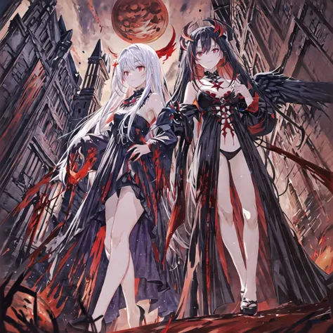 Masterpiece, top quality, bright colors, one girl, white hair, black hair, magenta hair, red eyes, glowing eyes, dark atmosphere, black wings, black halo, fallen angel, from below, descending from heaven, gothic clothes, looking down , Blood, ((Blood Moon,...