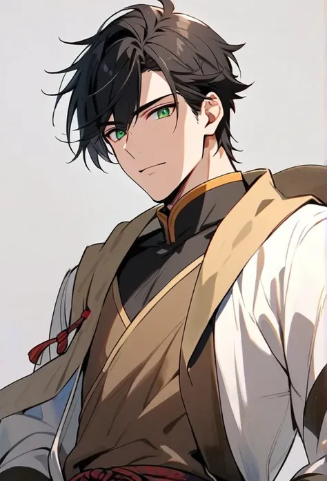 Handsome, solo, 1 male, short black hair, green eyes, brown sao costume, white coat,