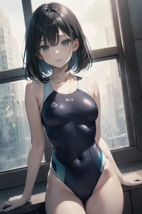 high quality、最high quality、Ultra-high resolution、Slender beauty、White color swimsuit、Black Hair、Embarrassed look、Pleasant expression、Droopy eyes、crack