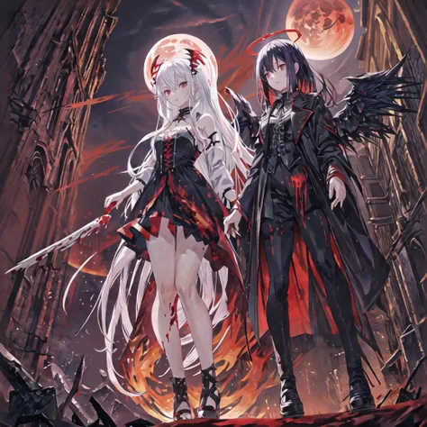 Masterpiece, top quality, bright colors, one girl, white hair, black hair, magenta hair, red eyes, glowing eyes, dark atmosphere, black wings, black halo, fallen angel, from below, descending from heaven, gothic clothes, looking down , Blood, ((Blood Moon,...