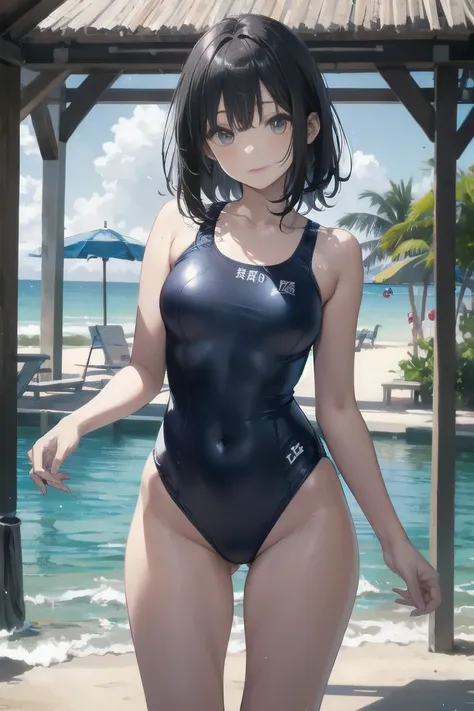 high quality、最high quality、Ultra-high resolution、Slender beauty、White color swimsuit、Black Hair、Embarrassed look、Pleasant expression、Droopy eyes、crack、Sandy Beach