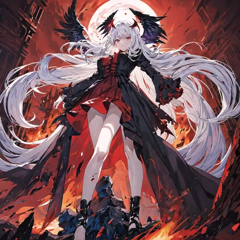 Masterpiece, top quality, bright colors, one girl, white hair, black hair, magenta hair, red eyes, glowing eyes, dark atmosphere, black wings, black halo, fallen angel, from below, descending from heaven, gothic clothes, looking down , Blood, ((Blood Moon,...