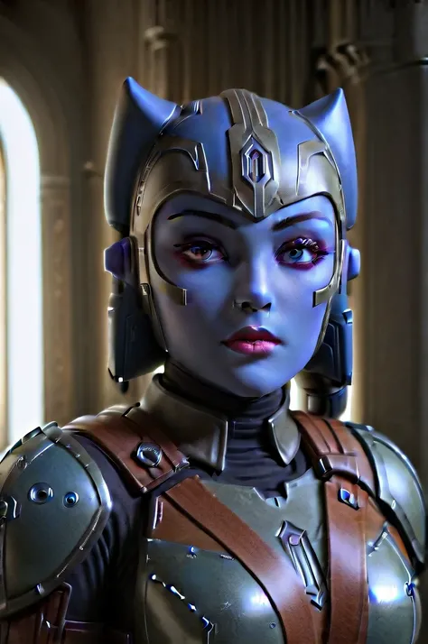 a female twilek mandalorian, beautiful detailed eyes, beautiful detailed lips, extremely detailed face, long eyelashes, mandalorian armor, sci-fi, cinematic lighting, dramatic, epic, intricate details, hyper-realistic, 8k, high-quality, photorealistic