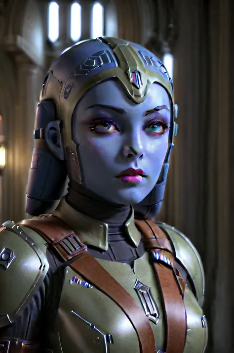 a female twilek mandalorian, beautiful detailed eyes, beautiful detailed lips, extremely detailed face, long eyelashes, mandalorian armor, sci-fi, cinematic lighting, dramatic, epic, intricate details, hyper-realistic, 8k, high-quality, photorealistic