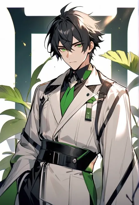 Handsome, solo, 1 male, short black hair, green eyes, arknight costume,