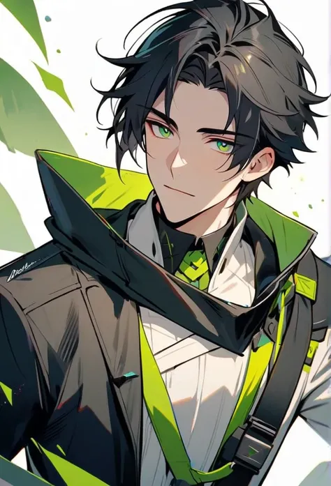 Handsome, solo, 1 male, short black hair, green eyes, arknight costume,